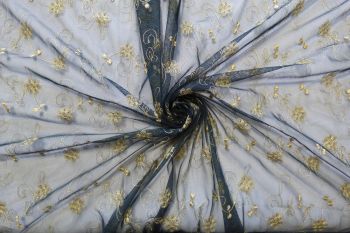 Ex Karen Millen Gold Embroidered Mesh Lace - Teal Green Remnant - 1.3M